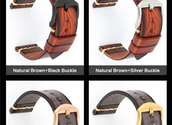 MAIKES Handmade Calfskin Leather Watch Strap – 20/22/24mm, Vintage for Panerai, MIDO & Longines