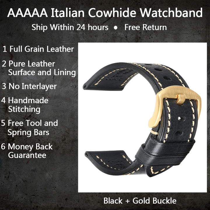 MAIKES Handmade AAA Leather Watch Band – Vintage Black (20-24mm)