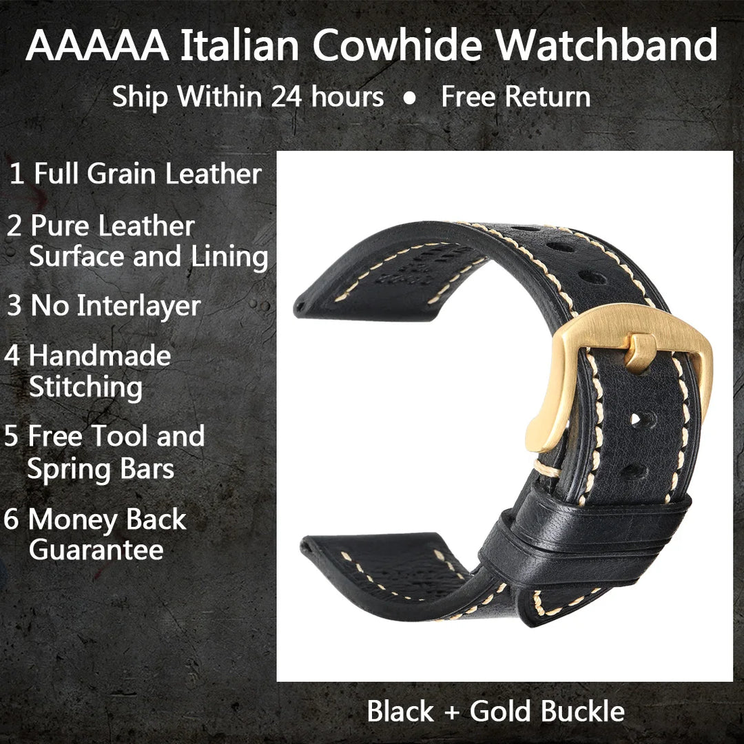 MAIKES Full Grain Cowhide Leather Watch Strap – Handmade Vintage for Omega & Hamilton