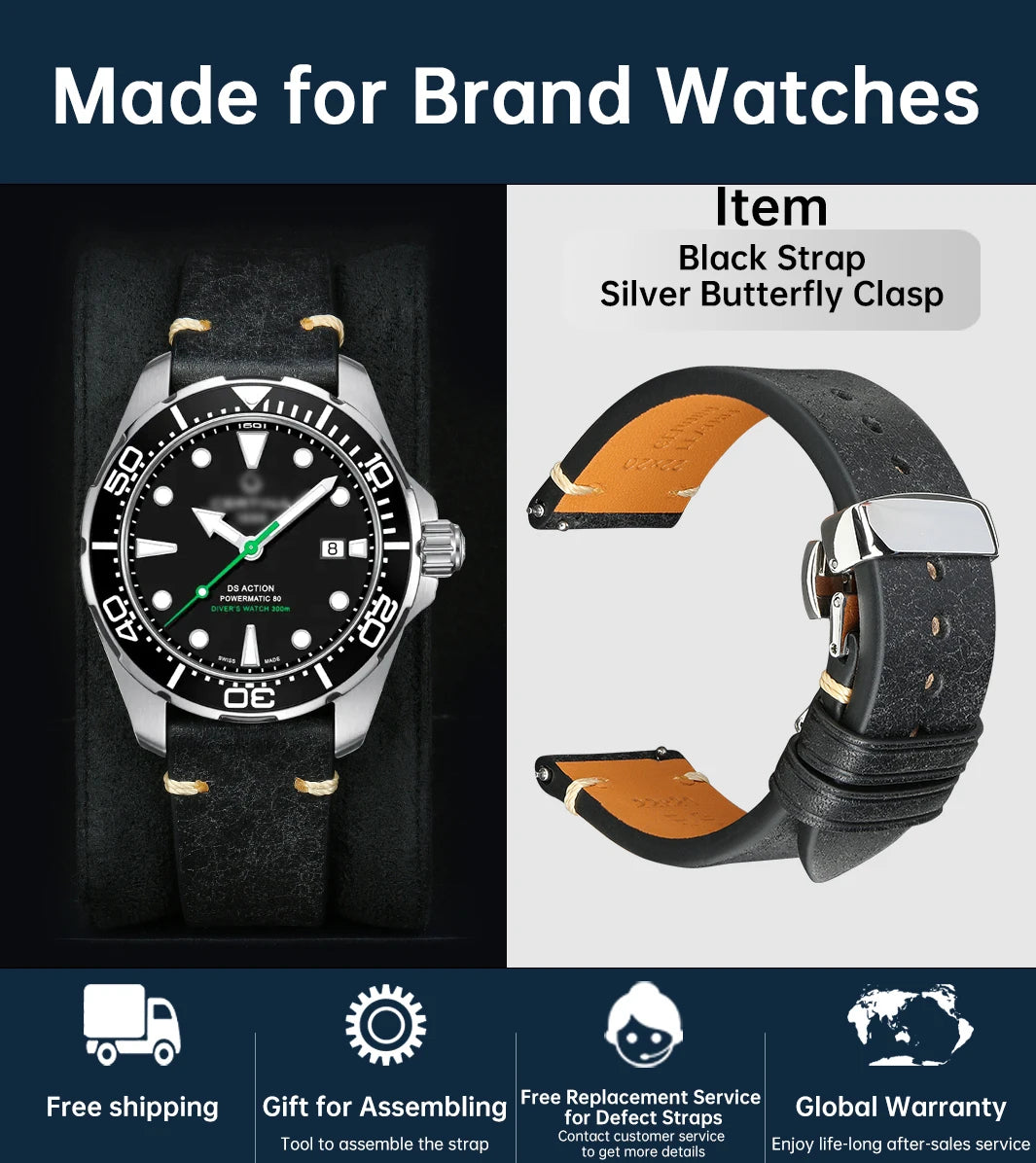 Luxury Italian Vintage Cowhide Leather Strap with Butterfly Buckle
