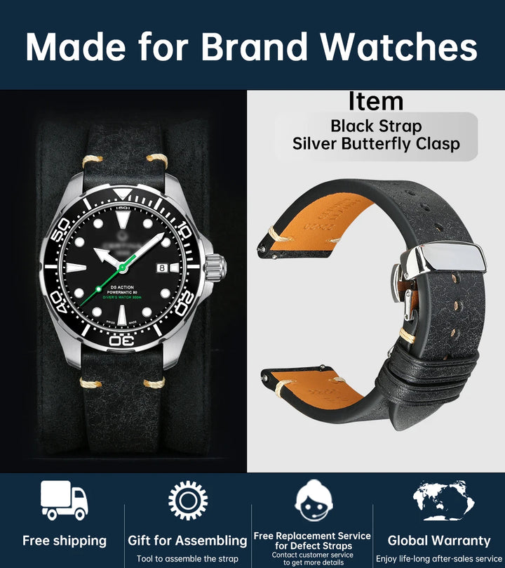 MAIKES Vintage Leather Watch Strap with Butterfly Buckle