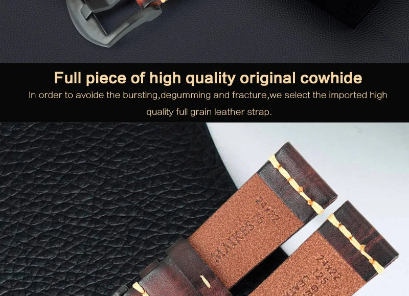 MAIKES Handmade Calfskin Leather Watch Strap – 20/22/24mm, Vintage for Panerai, MIDO & Longines