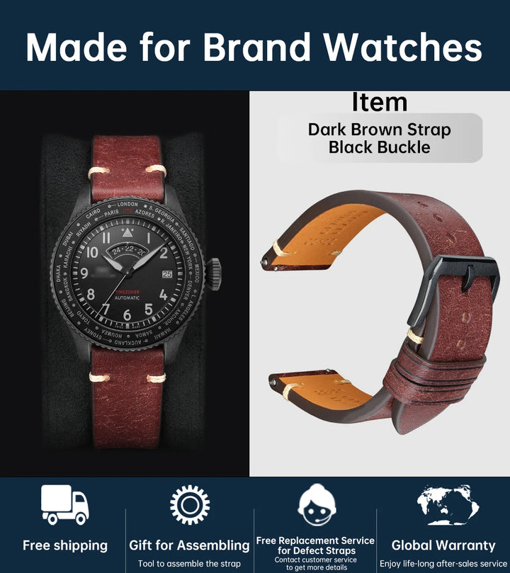 Luxury Italian Vintage Cowhide Leather Strap with Butterfly Buckle
