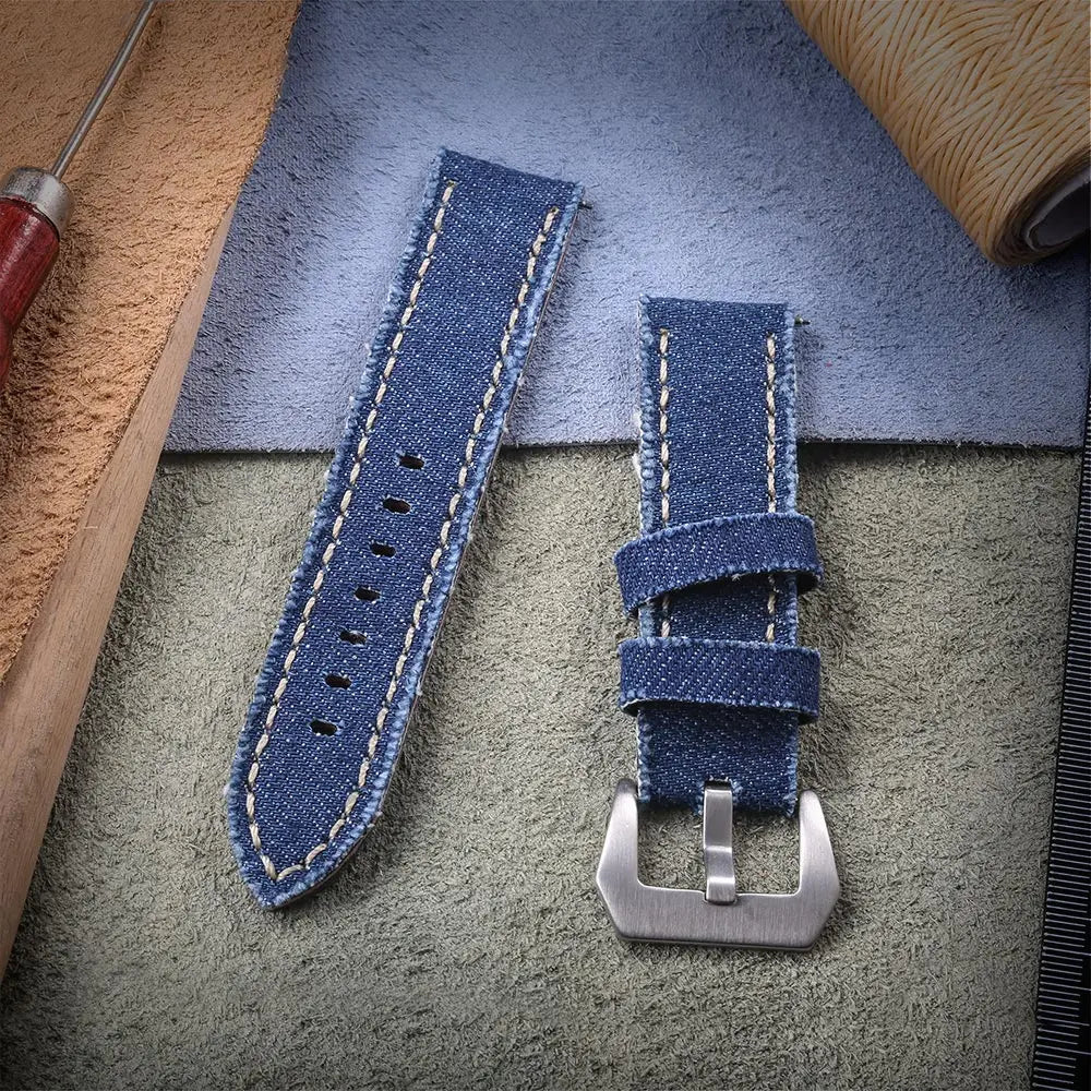 Hemsut Denim Canvas Watch Strap – 20–24mm Quick-Release with Steel Buckle