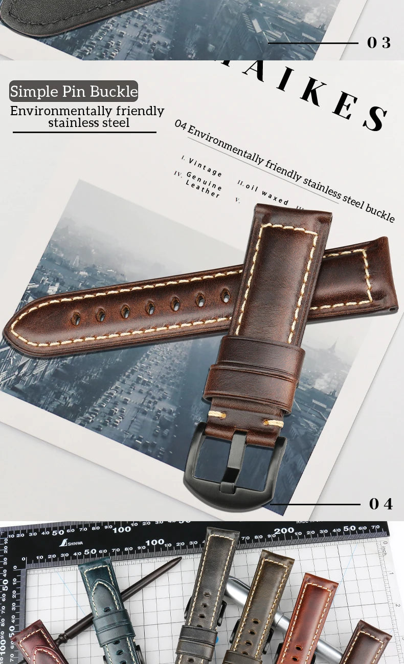 MAIKES Vintage Cowhide Leather Watch Strap – 20/22/24mm for Panerai & Fossil