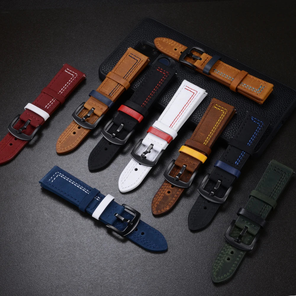Genuine Leather Quick Release Watch Band 20–22mm for Huawei & Samsung Galaxy 45/46mm
