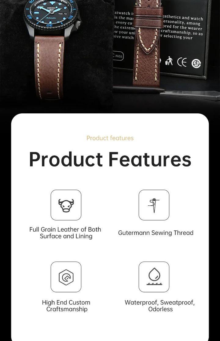 MAIKES Handmade AAA Leather Watch Band – Vintage Black (20-24mm)