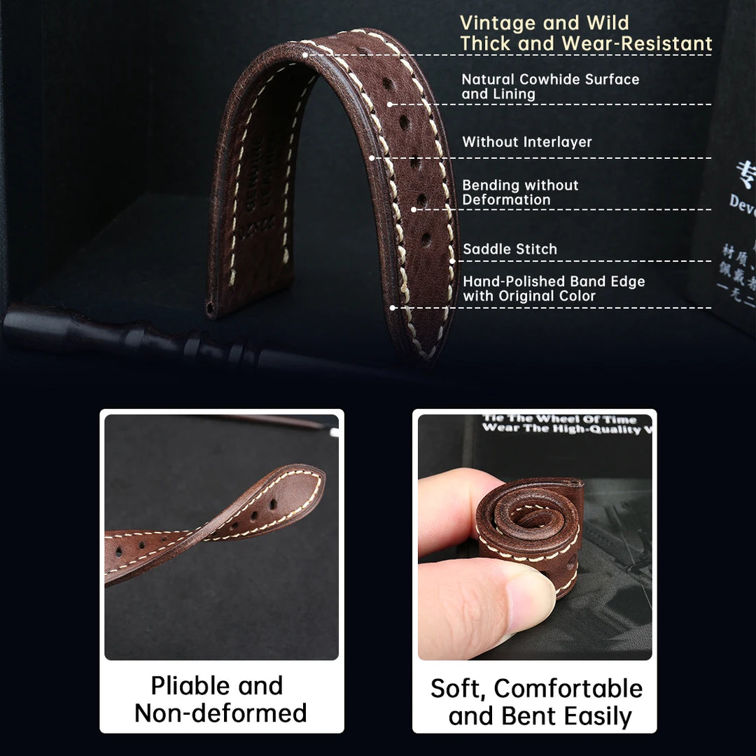 MAIKES Handmade AAA Leather Watch Band – Vintage Black (20-24mm)