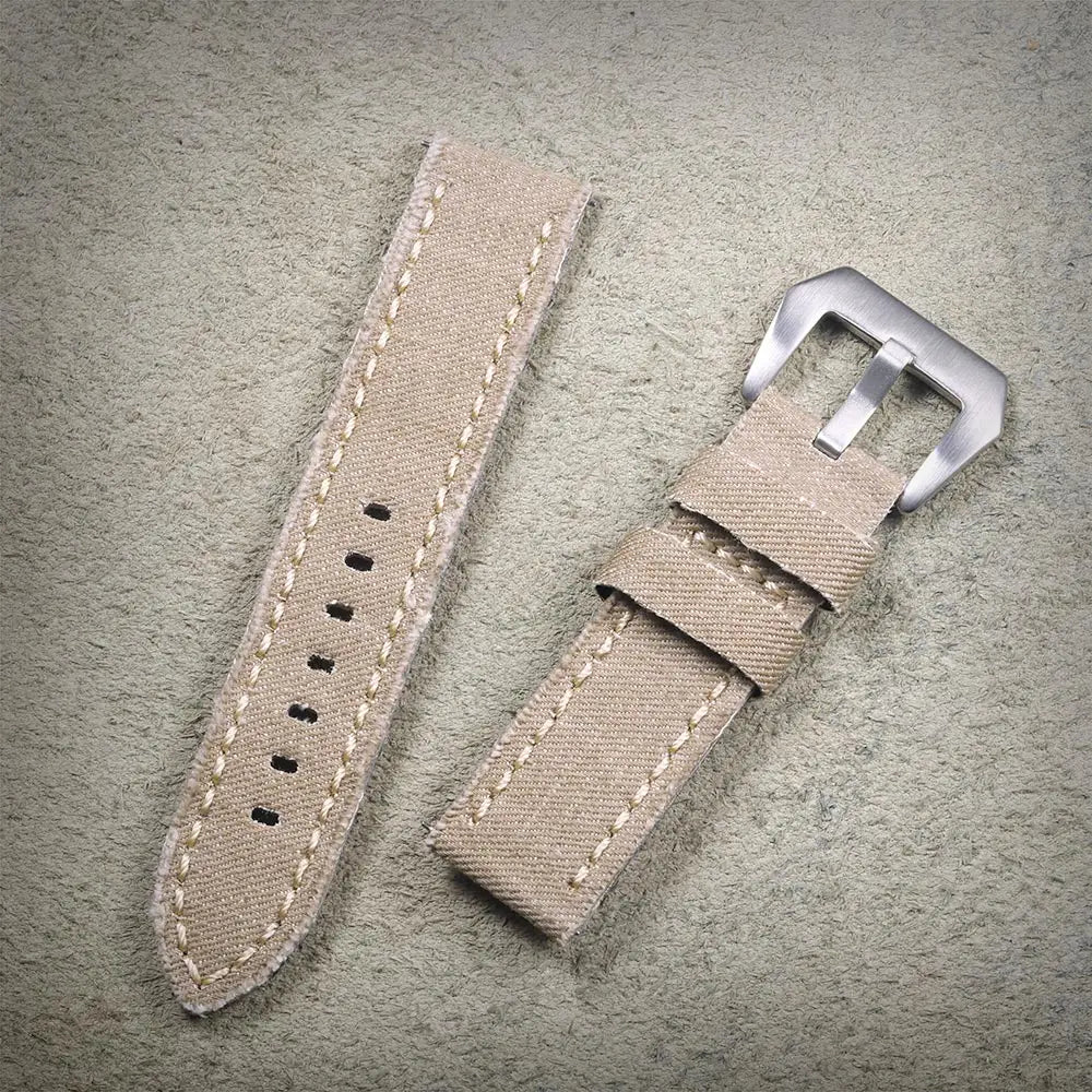 Hemsut Denim Canvas Watch Strap – 20–24mm Quick-Release Khaki, Steel Buckle