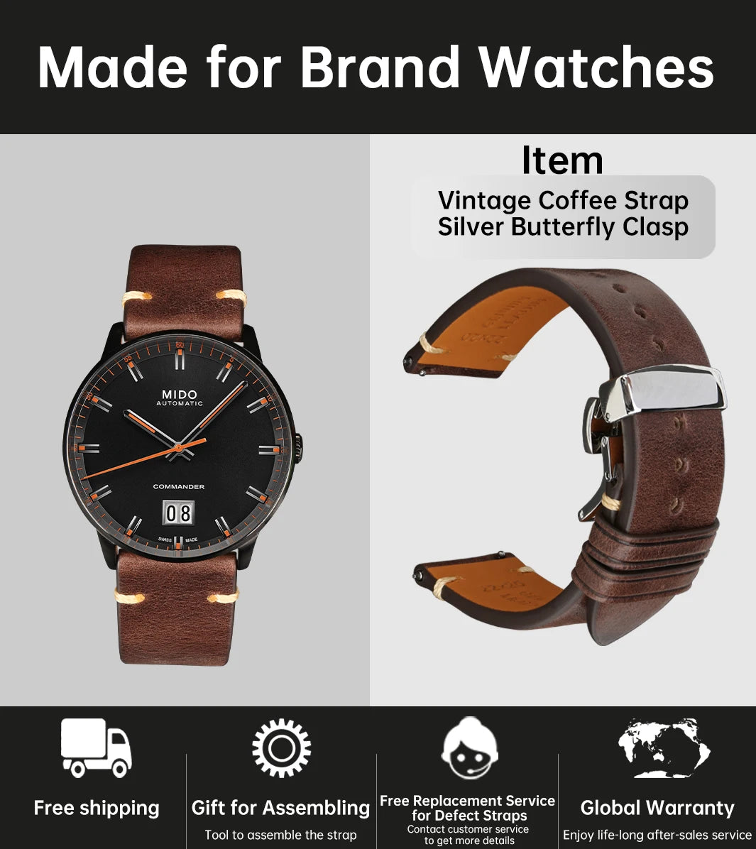 Vintage Vegetable-Tanned Leather Watch Band 20-24mm from Tuscany, Italy