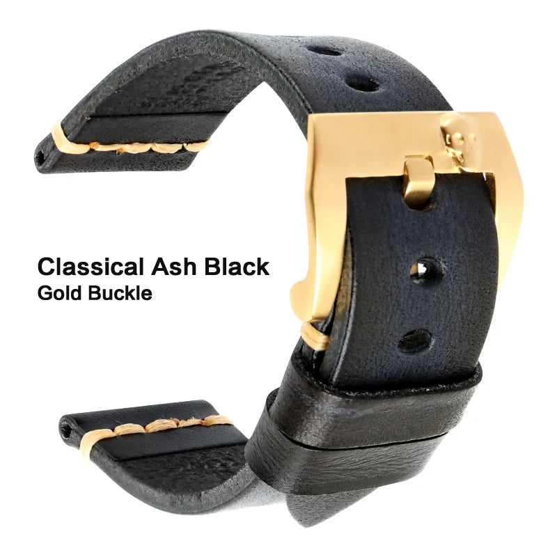 MAIKES Handmade Genuine Cow Leather Watch Band Vintage Black Watchband Watch Bracelet 20mm 22mm 24mm Watch Strap