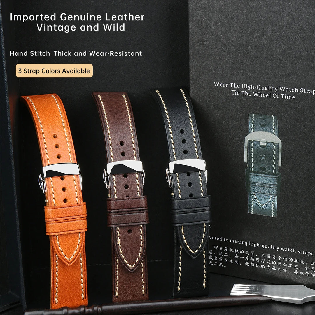 MAIKES Full Grain Cowhide Leather Watch Strap – Handmade Vintage for Omega & Hamilton
