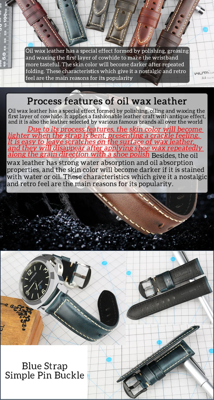 Vintage Oil Wax Leather Watch Strap 20–26mm for Panerai & Breitling – MAIKES
