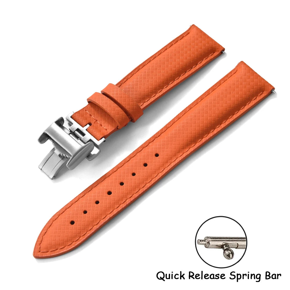 FKM Rubber Leather Watch Band 18/19/20/22mm Quick Release Sailcloth Leather Strap Butterfly Buckle Band For Omega Seiko Cartier