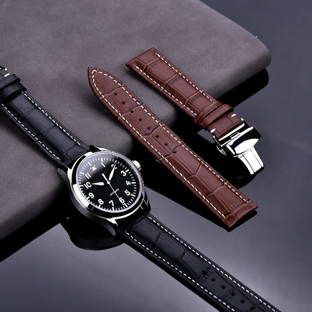Cowhide Leather Watch Strap with Butterfly Clasp (18-22mm)