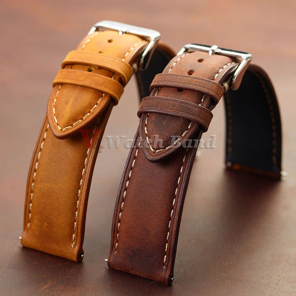 Vintage Dark Brown Cowhide Leather Watch Strap (14–24mm, Quick Release)