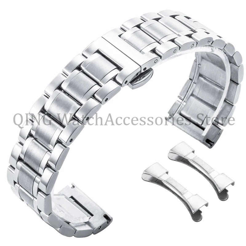 Arc Flat-End Stainless Steel Watchband – Universal, 12–24mm, Butterfly Clasp