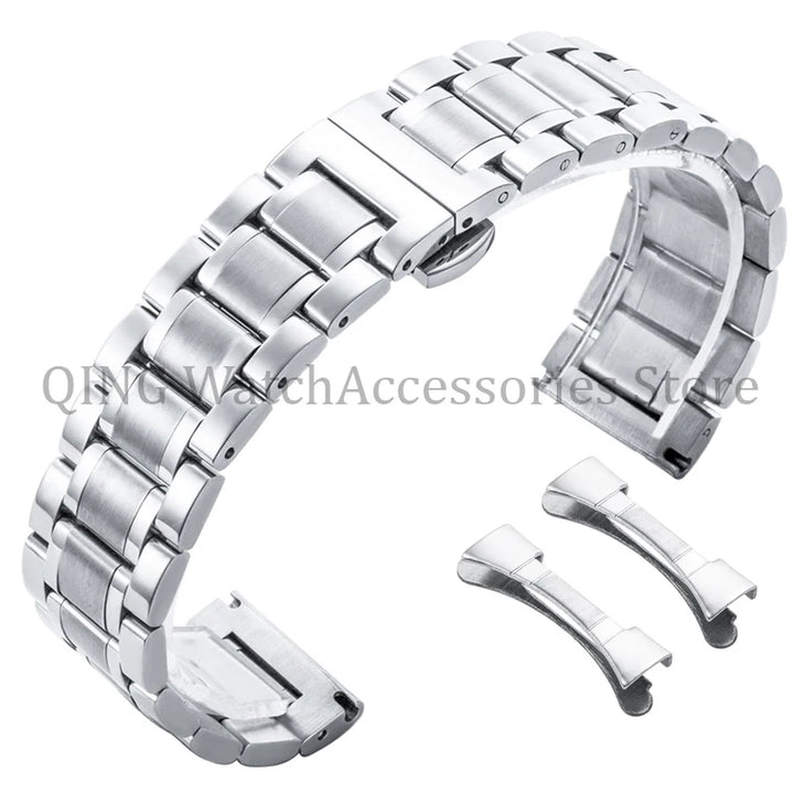 Arc Flat-End Stainless Steel Watchband – Universal, 12–24mm, Butterfly Clasp