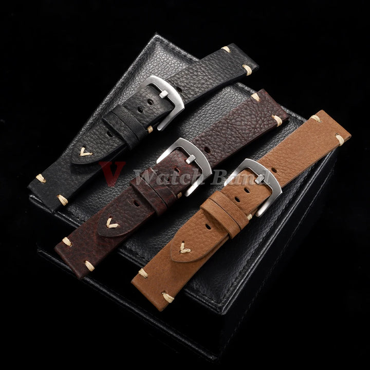 Genuine Cowhide Leather Watch Strap – 18/20/22mm, Vintage, Metal Buckle