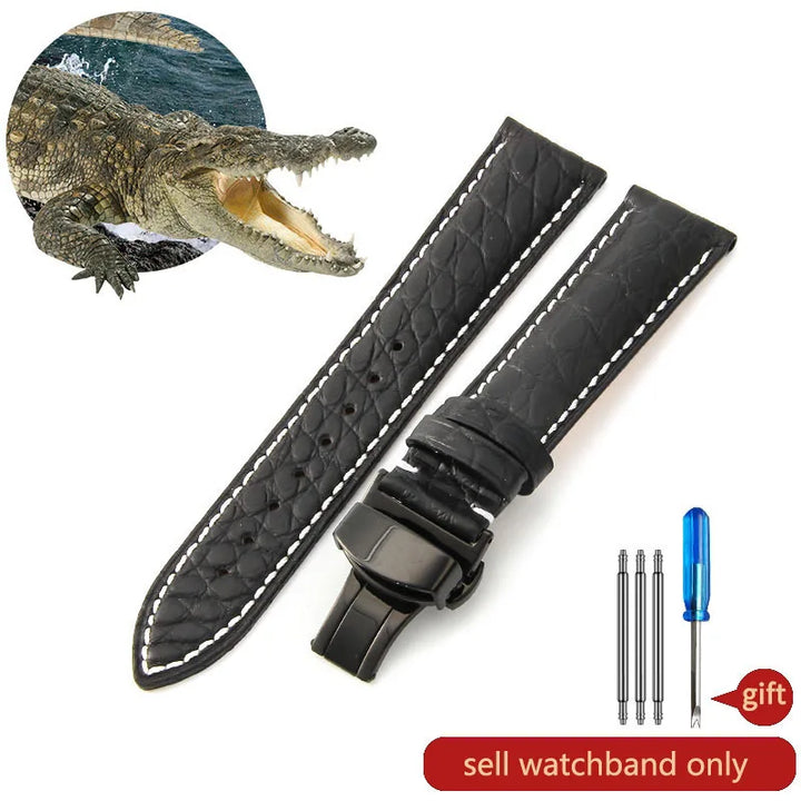 Crocodile Skin Genuine Leather Watch Band with Needle & Butterfly Buckle for