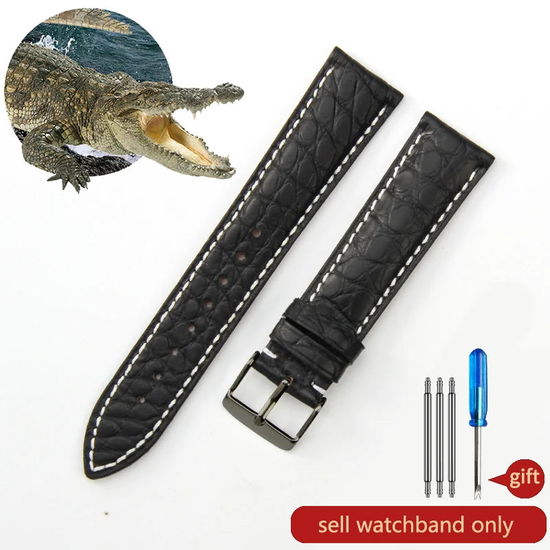 Crocodile Skin Genuine Leather Watch Band with Needle & Butterfly Buckle for