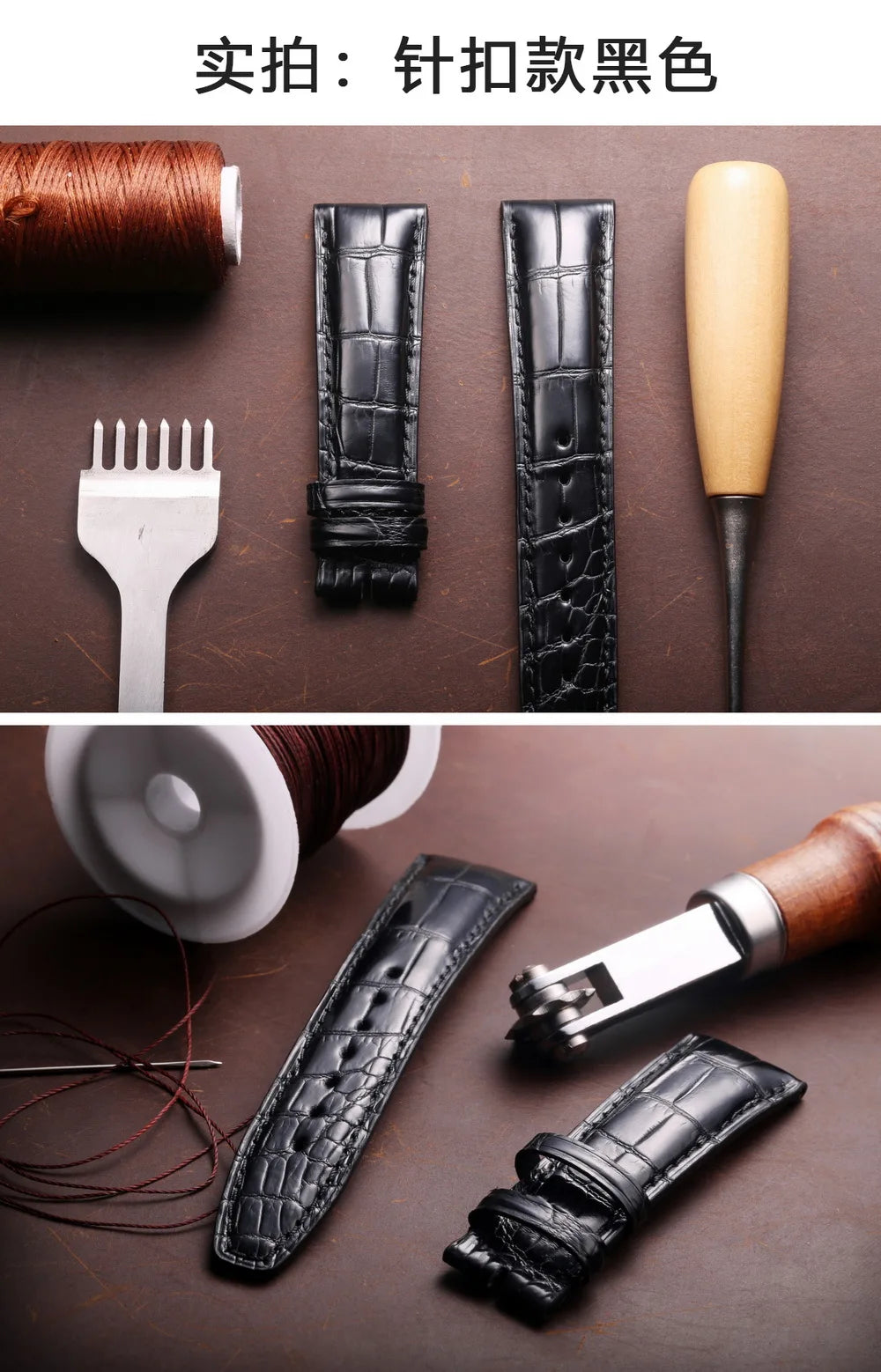 Crocodile Leather Watchbands For IWC Portugues Pilot Black Alligator Grain Handmade Straps 20mm 21mm 22mm