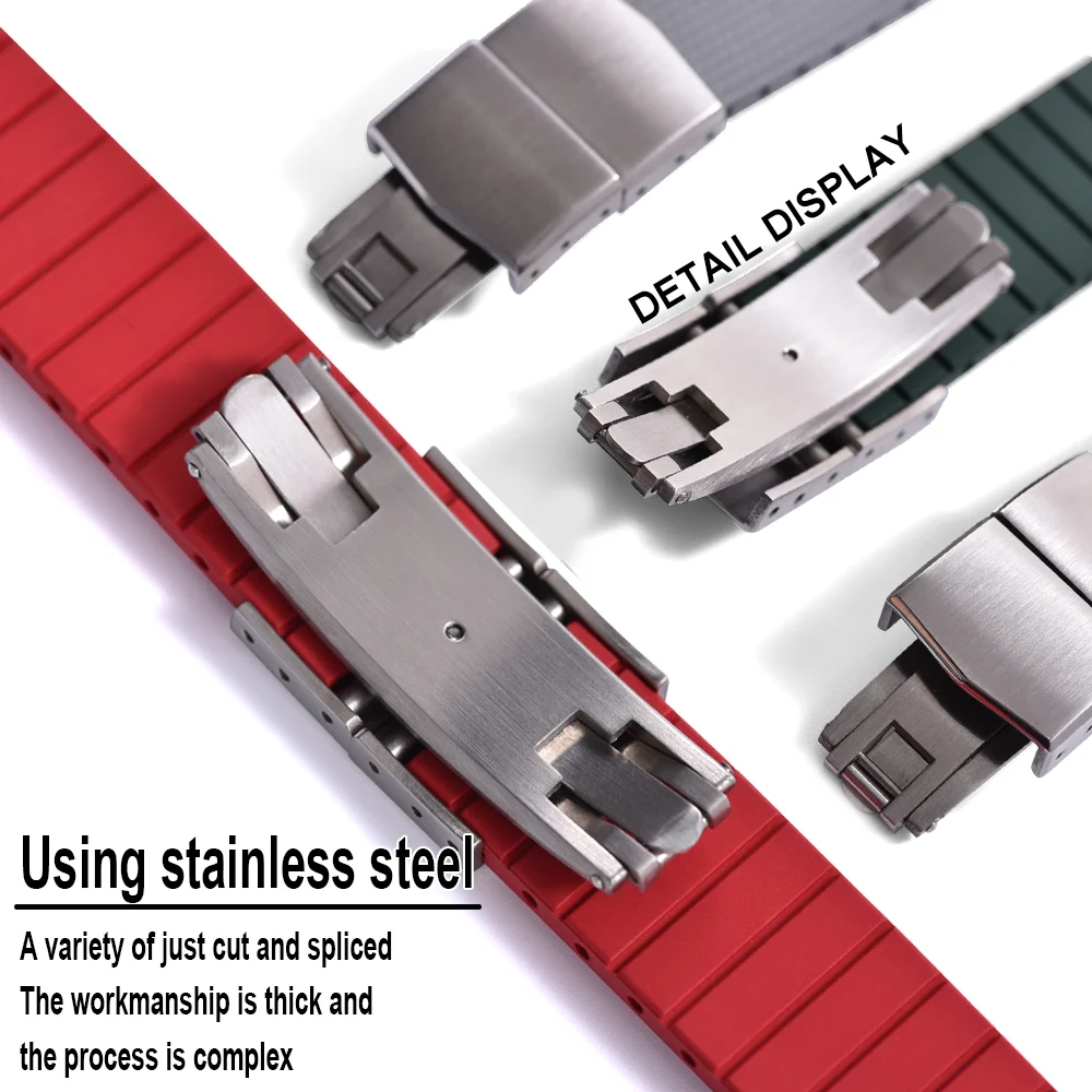 Premium Stripess CTS FKM Rubber Watch Strap 20mm Watchband Quick Release Silver/Black/Gold CTS Butterfly Buckle Cut To Sizes