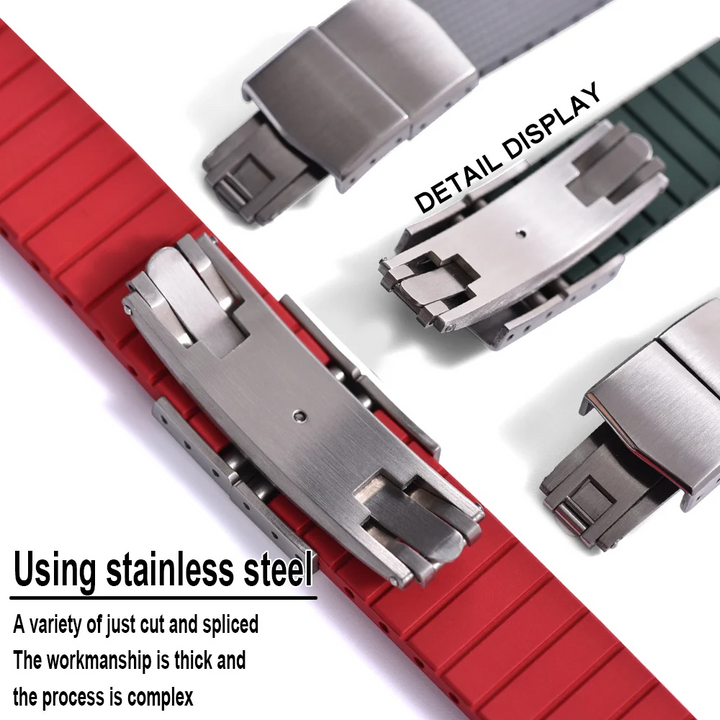 Premium Stripess CTS FKM Rubber Watch Strap 20mm Watchband Quick Release Silver/Black/Gold CTS Butterfly Buckle Cut To Sizes