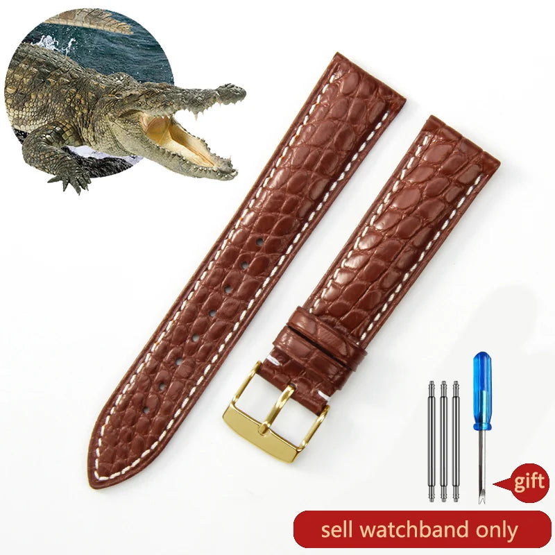 Crocodile Skin Genuine Leather Watch Band with Needle & Butterfly Buckle for