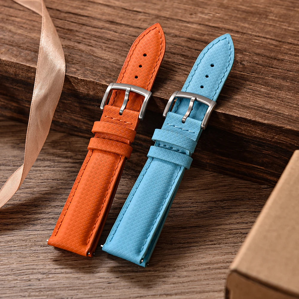 FKM Rubber Leather Watch Band 18/19/20/22mm Quick Release Sailcloth Leather Strap Butterfly Buckle Band For Omega Seiko Cartier