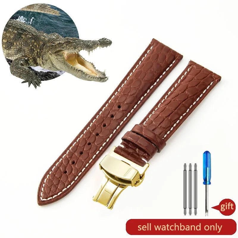 Crocodile Skin Genuine Leather Watch Band with Needle & Butterfly Buckle for