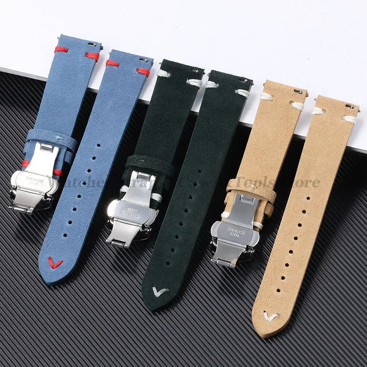 Suede Leather Watch Strap – 18/20/22mm, Universal with Butterfly Buckle