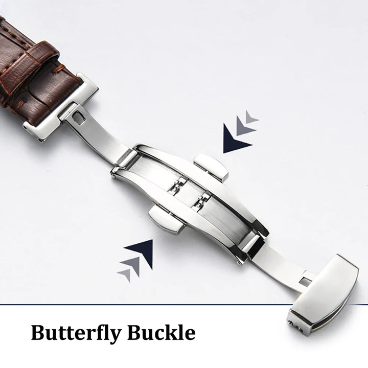 Genuine Leather Watch Band 18–24mm with Wooden Box & Butterfly Clasp