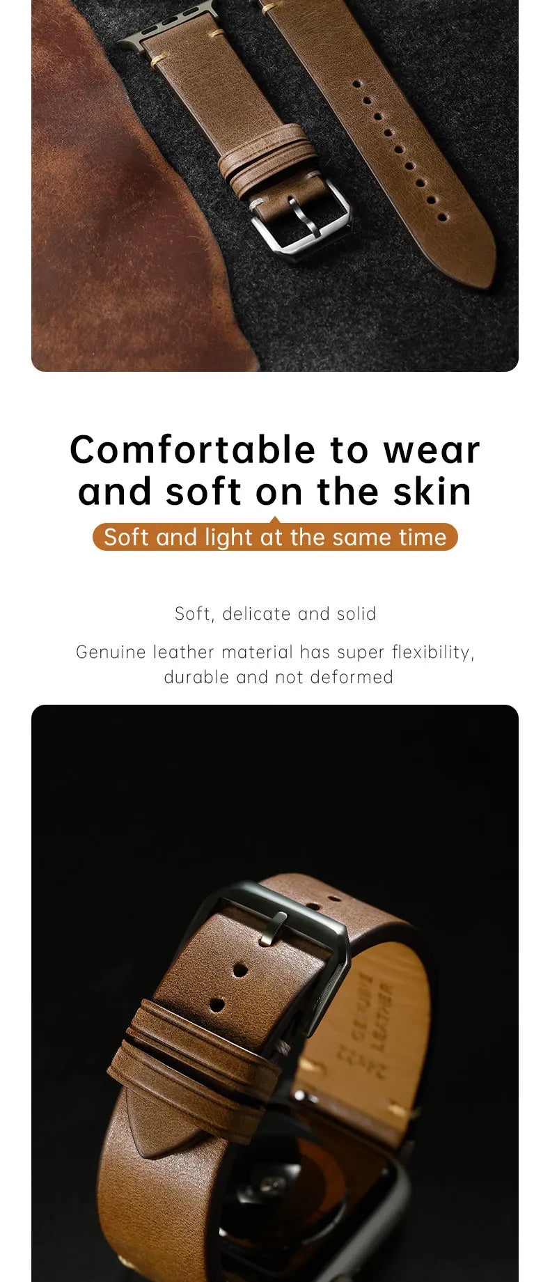 Leather Watch Band for Apple Watch, Ultra 49mm, Series 10 9, 8, 7, SE, 45mm, 44mm, 41mm, 40mm, Vegetable Tanned Leather Strap