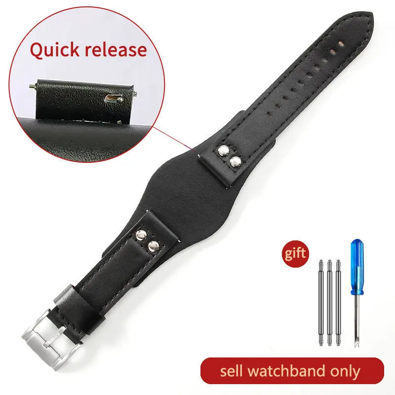 Genuine Leather Watch Strap for Fossil 22mm – Black & Brown, Rivet Style