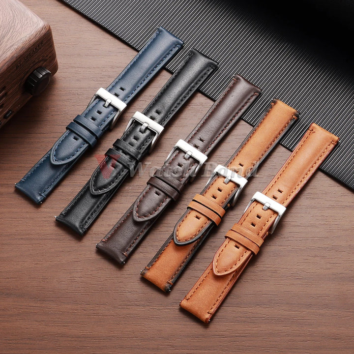 Cowhide Leather Watch Band 20–24mm for Fossil & Samsung (Brown, Quick Release)