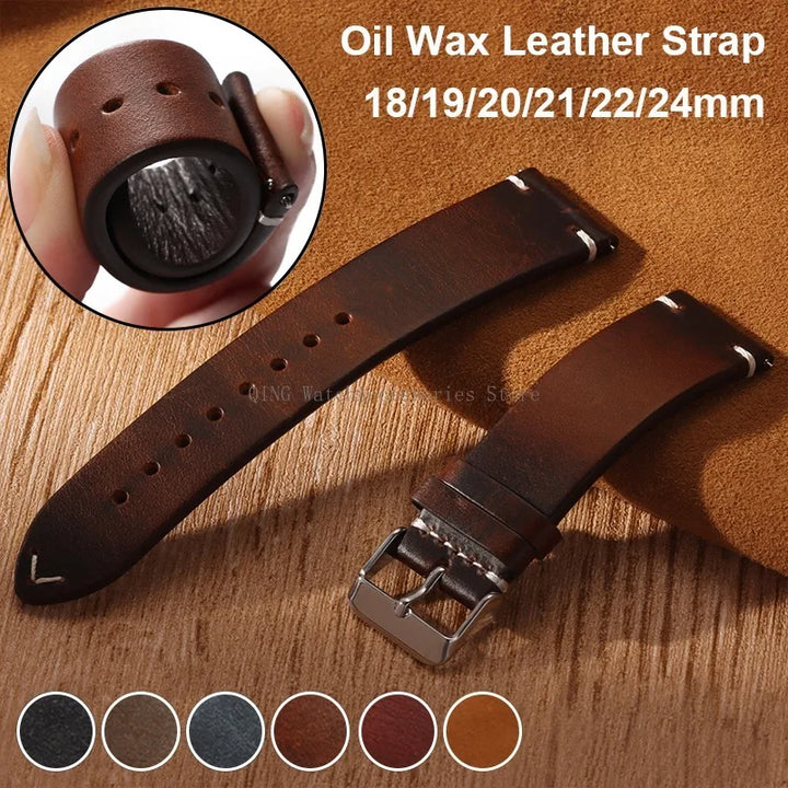 Title: Vintage Oil Wax Leather Watch Band 18–22mm (Quick Release, Unisex)