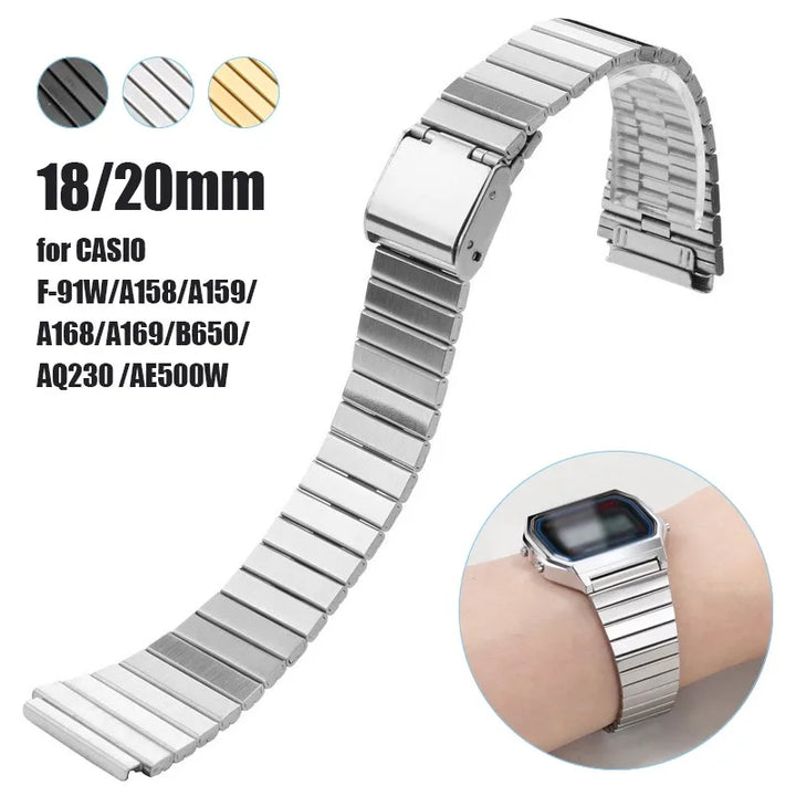 Stainless Steel Watch Strap for CASIO F-91W/A158 Series – 18/20mm Ultra-Thin