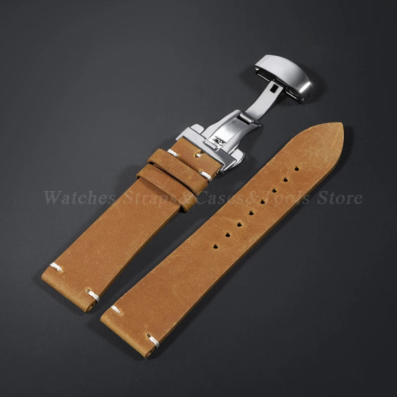Stitching Cowhide Leather Watch Strap – 18–24mm, Vintage Brown, Butterfly Buckle