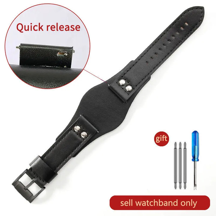 Genuine Leather Watch Strap for Fossil 22mm – Black & Brown, Rivet Style