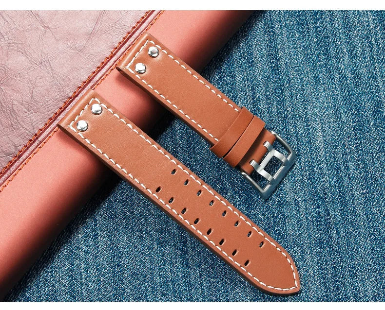Double Row Hole Leather Watch Strap 20/22mm for Hamilton & Seiko