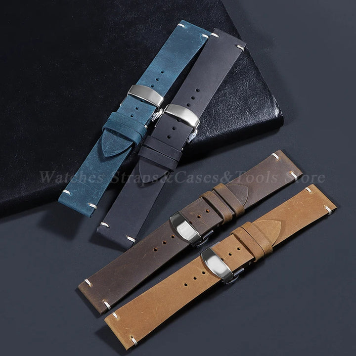 Stitching Cowhide Leather Watch Strap – 18–24mm, Vintage Brown, Butterfly Buckle