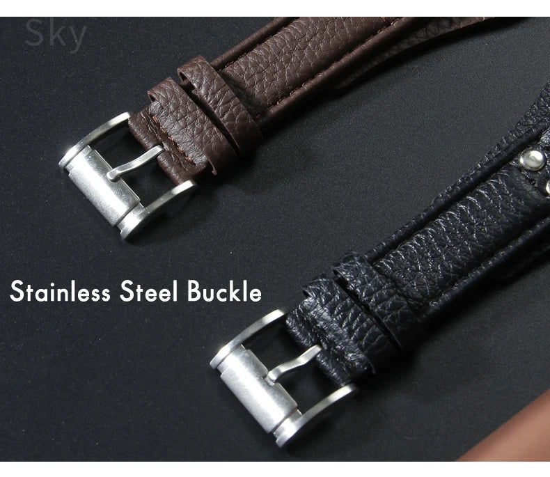 Genuine Leather Watch Strap for Fossil 22mm – Black & Brown, Rivet Style