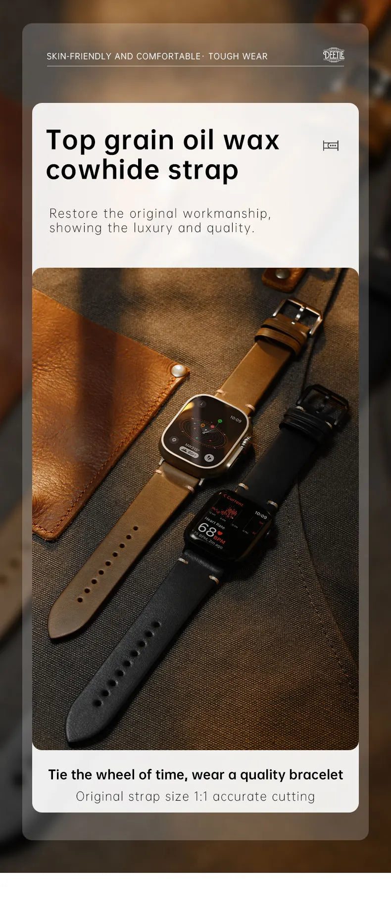 Leather Watch Band for Apple Watch, Ultra 49mm, Series 10 9, 8, 7, SE, 45mm, 44mm, 41mm, 40mm, Vegetable Tanned Leather Strap