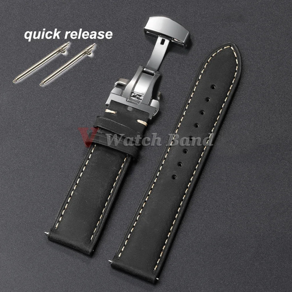 Genuine Calfskin Leather Watch Band 14–24mm for Omega & Seiko (Butterfly Buckle, Brown)