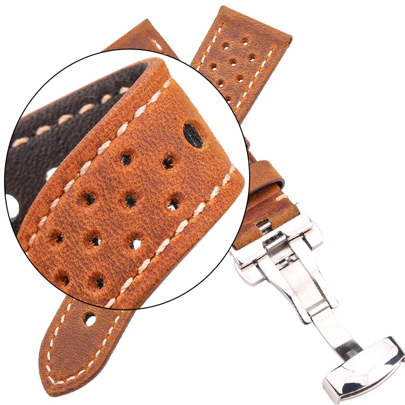 Breathable Genuine Leather Watchband with Deployment Clasp  20mm 22mm 24mm Comfortable Soft Watch Strap