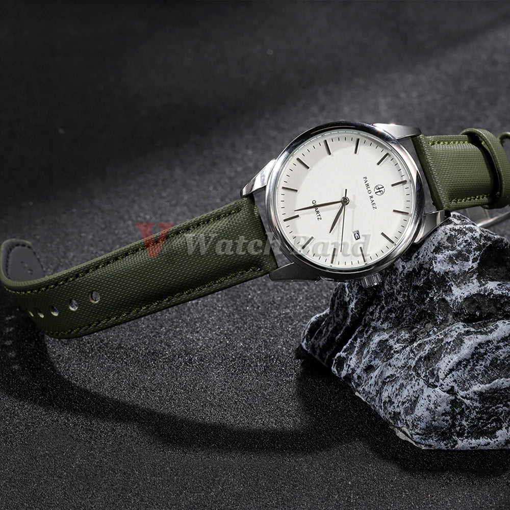 Sailcloth Nylon Leather Watchband for Omega Business Watch Band for Seiko 22mm 20mm Butterfly Buckle Stitching Green Blue Strap