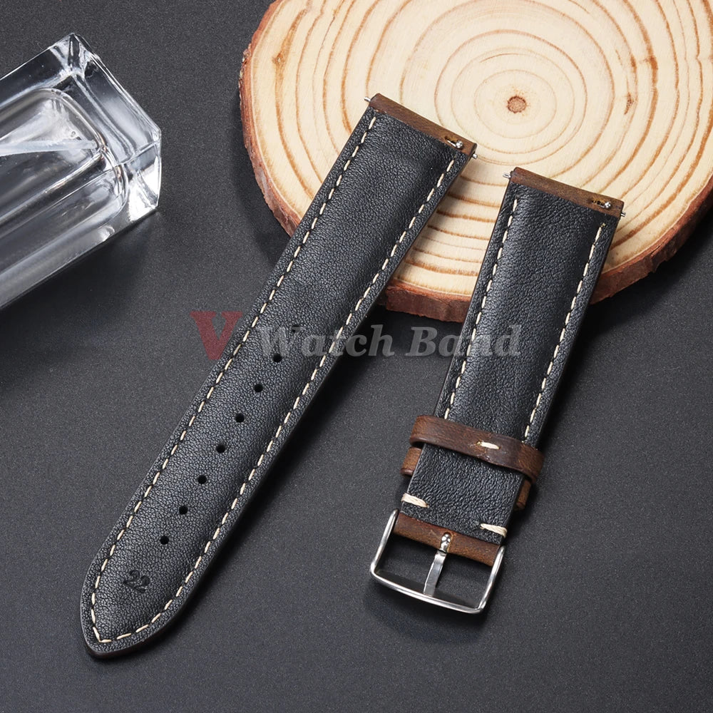 Vintage Dark Brown Cowhide Leather Watch Strap (14–24mm, Quick Release)