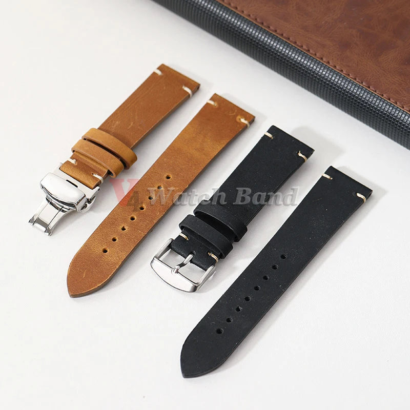 Stitched Cowhide Leather Watch Strap Brown (Butterfly Buckle, 18–24mm)