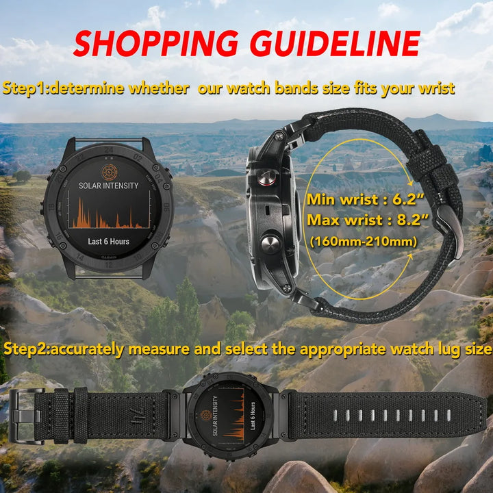 HEMSUT Canvas QuickFit Watch Strap – 20/22/26mm for Garmin fēnix, Tactix, Forerunner, MARQ